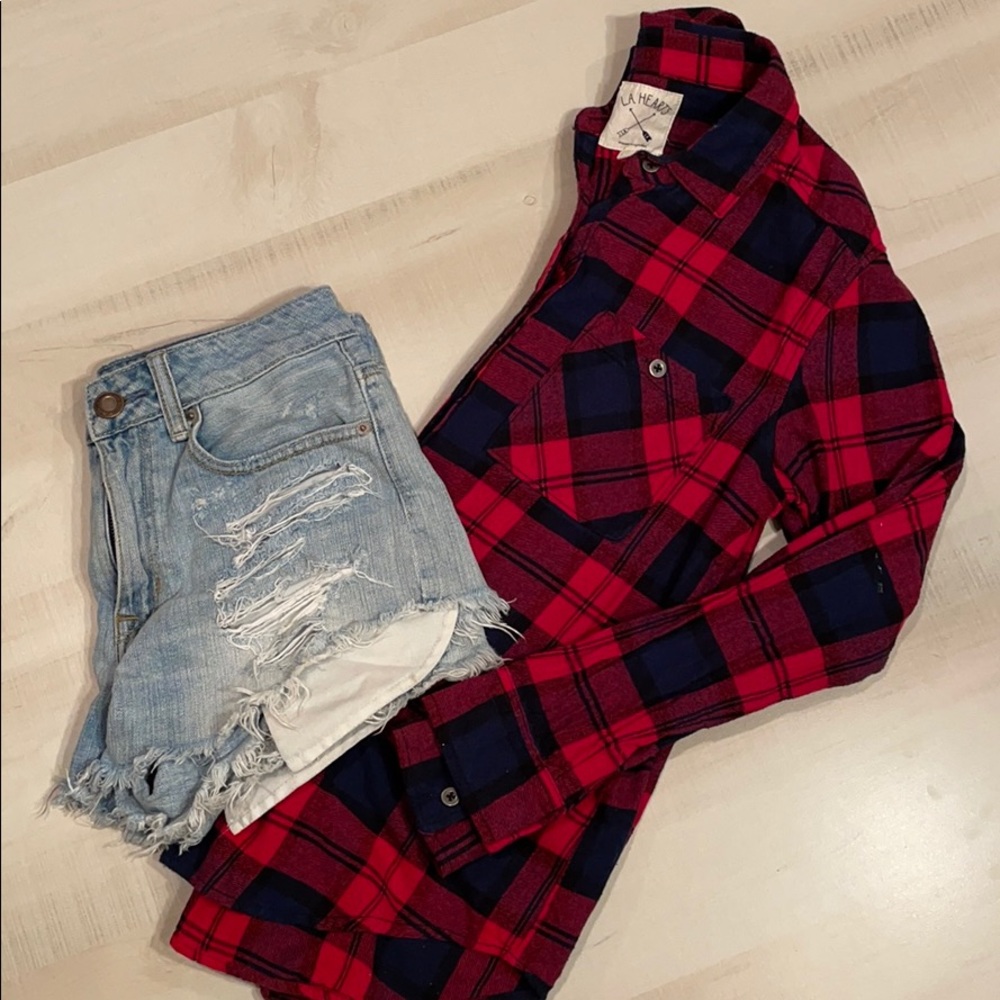 LA Hearts Red Navy Plaid Button Down Flannel